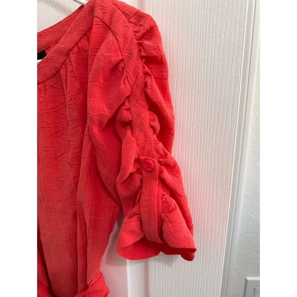 DUE PER DUE Coral Textured Puff-Sleeve Blouse with Waist Tie - Picture 4 of 8